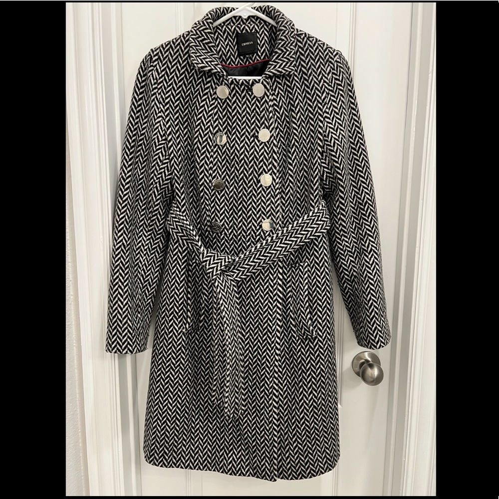 Express XS Black & White Herringbone Long Wool Belted Coat.